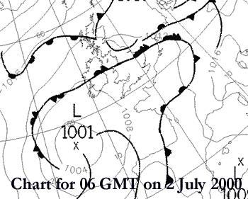 Analysis chart for 06 GMT on 2 July 2000. Courtesy of Georg Mueller, Top Karten.