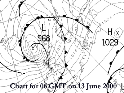 Analysis chart for 06 GMT on 13 June 2000, courtesy of Georg Mueller, Top Karten.