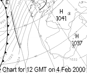 Analysis chart for 12 GMT on 4 Feb 2000, courtesy of Georg Mueller, Top Karten.