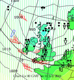 Significant weather chart for 00 GMT on 11 July 2001. Courtesy of the University of Cologne.