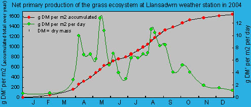 Net primary production of the grass ecosystem at Llansadwrn weather station. ' © 2004 D.Perkins.