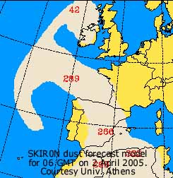 SKIRON dust forecast for 06 GMT on 2 April 2005, Courtesy Univ. Athens. Click for larger. 