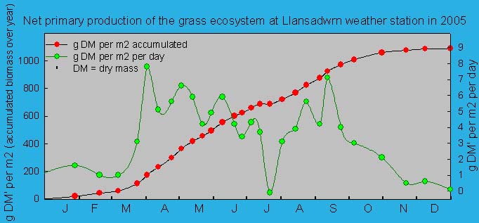 Net primary production of the grass ecosystem at Llansadwrn weather station. ' © 2005 D.Perkins.