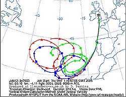 Backward trajectory analysis of air arriving over Anglesey at 15 GMT on 31 August 2005. Courtesy of the NOAA ARL Website. Click for larger. 