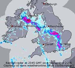 Rainfall radar at 2345 GMT on 4 September 2005. Courtesy of WeatherOnline.