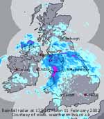 Rainfall radar at 1730 GMT on 11 Feb 2005. Courtesy of WeatherOnline.
