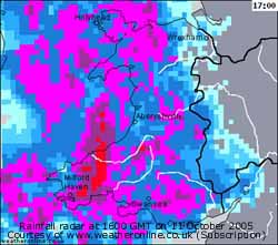 Wales under the deluge: Rainfall radar at 1600 GMT on 11 October 2005. Courtesy of WeatherOnline.