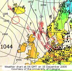 Weather chart st 06 GMT on 15 Dec 2005. Courtesy Univ. Cologne.