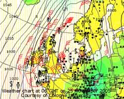 Weather chart at 06 GMT on 25 Nov 2005. Courtesy of Cologne University. 