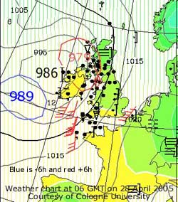 Weather chart at 06 GMT, courtesy of Cologne University. Click for larger.