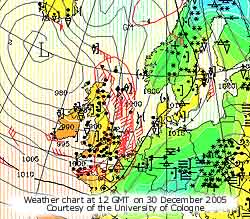 Weather chart at 12 GMT on 30 Dec 2005, courtesy Cologne University.