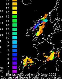 Intensity of sferics on 19 June 2005, courtesy G Mueller at Top Karten. Click for larger. 