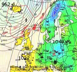 Weather chart at 06 GMT on 9 Jan 2006. Courtesy of Cologne University. 