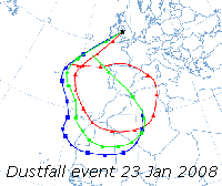 Backward trajectory analysis of air arriving over Anglesey at 18 GMT on 23 January 2008. Courtesy of the NOAA ARL Website. Click for larger. 