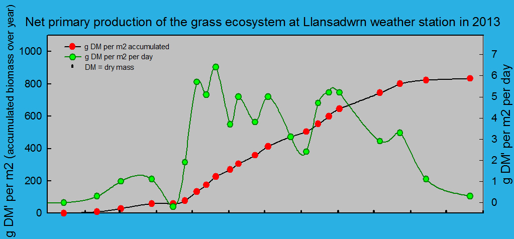 Net primary production and growth of the grass ecosystem at Llansadwrn weather station:  © 2013 D.Perkins.