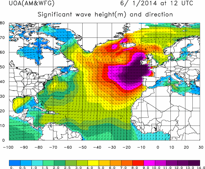 Atlantic significant wave heights 12 GMT, courtesy of University of Athens.