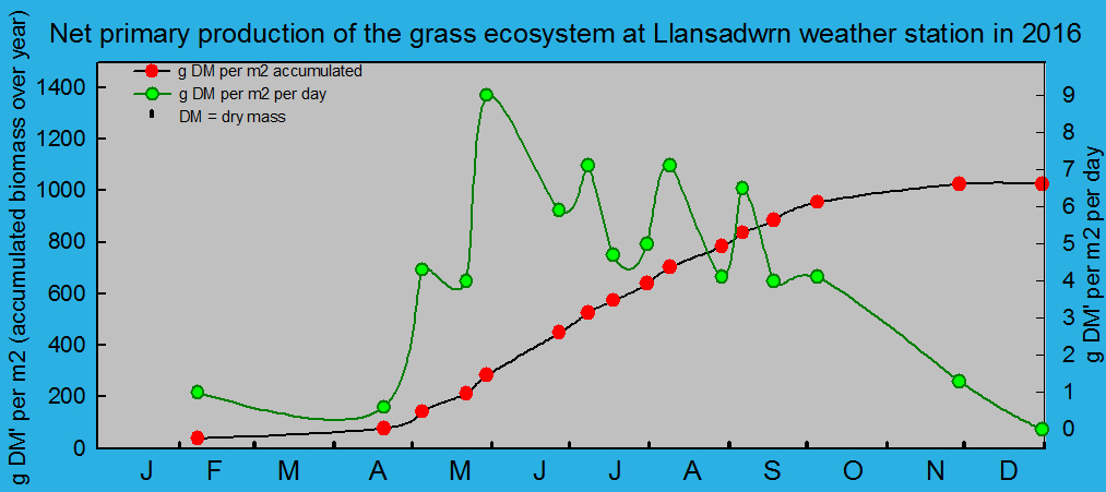 Net primary production and growth of the grass ecosystem at Llansadwrn weather station:  © 2016 D.Perkins.