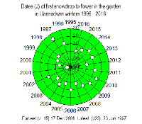 Dates of first flowering snowdrop  in the garden in Llansadwrn winter 1996-2015.