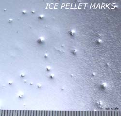 Marks made on hail-pad by 3-4 mm ice pellets. Click for larger. 