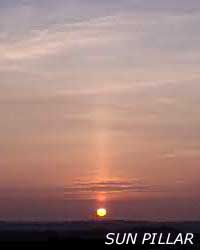 Sun pillar above setting sun at 1823 GMT on 21 March 2003: Photo © D Perkins 2003.
