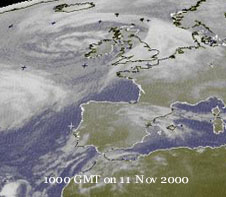 Low to W of Ireland at 1000 GMT on 11 Nov 2000. Meteosat courtesy of Ulm University.
