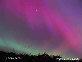 Aurora display seen from Coleraine, N Ireland at 1800 GMT on 20 November 2003. Photo (c) Mike Tullet. Click to see larger image. 