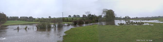 Flooding at Pont y Crug where the Afon Braint burst it banks following torrential rain at it's source in Llansadwrn. 