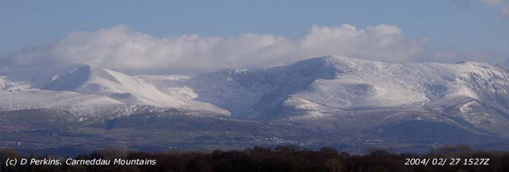 Snow on the Carneddau Mountains on the afternoon of 27 February 2005. From the left C. Llewellyn, Black Ladder cliffs and C. Dafydd centre and Penyrole Wen on the right.