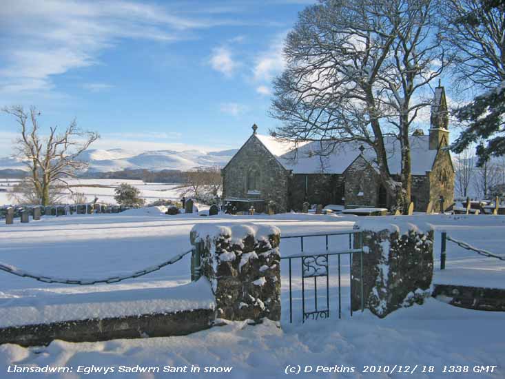 Llansadwrn Church in the snow.