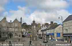 Llangefni town centre with clock tower.