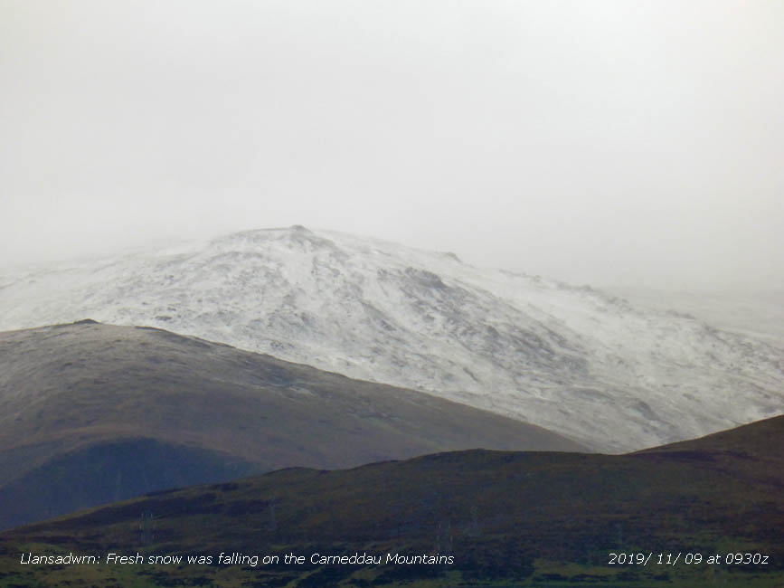 Fresh snow was falling on the Carneddau Mountains.