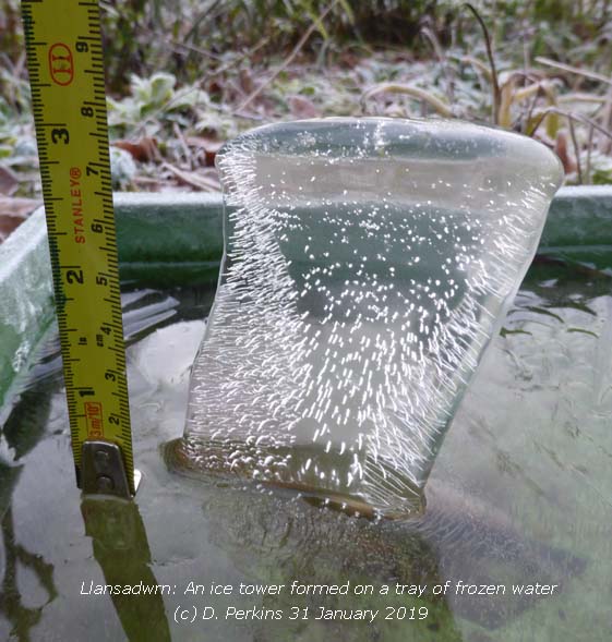 Ice tower formed on tray of frozen water 31 January 2019.