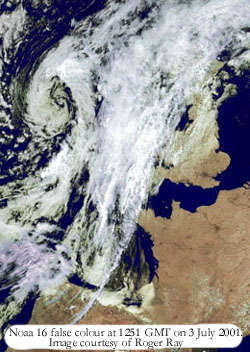 Noaa 16 false colour at 1251 GMT on 3 July 2001. Image courtesy of Roger Ray.