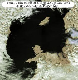 A sunny day for Anglesey, the Isle of Man and the Lake District. Noaa 16 on 31 July 2001. Courtesy of Roger Ray.