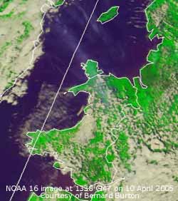 NOAA 16 image at 1338 GMT on 10 April 2005. Click for larger. 