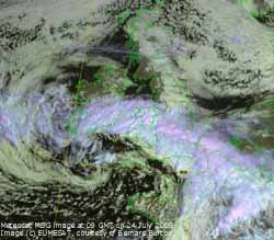 Meteosat MSG image (c) EUMETSAT at 09 GMT on 24 July 2005, courtesy Bernard Burton.