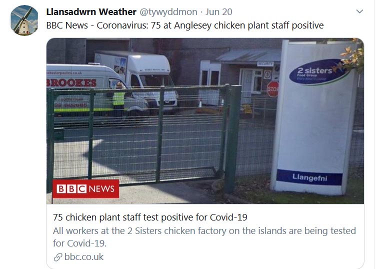 Tweet about outbreak of COVID-19 in Llangefni ...