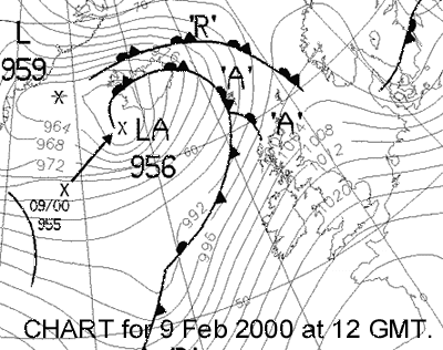 Analysis chart for 12 GMT on 9 Feb 2000 by courtesy of Georg Mueller, Top Karten.