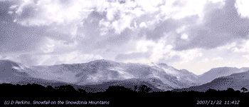 Snowfall on Carneddau, Glyders  and  Y Garn on 22 January 2007.