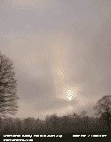 Atmospheric setting sun through moderate fog.