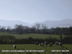 Hazy view of the mountains over the hedgetop.