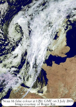 Noaa 16 false colour at 1251 GMT on 3 July 2001. Image courtesy of Roger Ray. Noaa 16 false colour at 1251 GMT on 3 July 2001. Image courtesy of Roger Ray.
